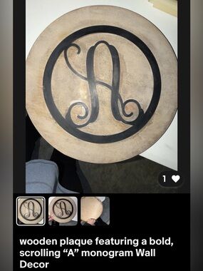 Round Wooden Wall Plaque with Scrolling “A” Monogram - Neutral